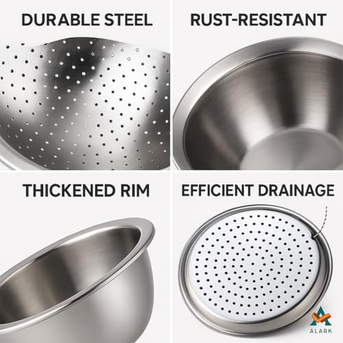 Alark Colander with Bowl Stainless Steel Colander Mixing Bowl Set Nesting Metal Strainer Large Basket for Kitchen Washing Salad Pasta Vegetable Fruit Preparing Serving and Draining Food Mixing 2PCs - Image 2