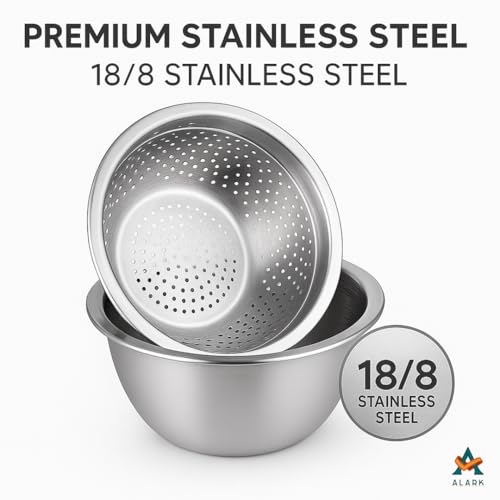 Alark Colander with Bowl Stainless Steel Colander Mixing Bowl Set Nesting Metal Strainer Large Basket for Kitchen Washing Salad Pasta Vegetable Fruit Preparing Serving and Draining Food Mixing 2PCs - Image 4