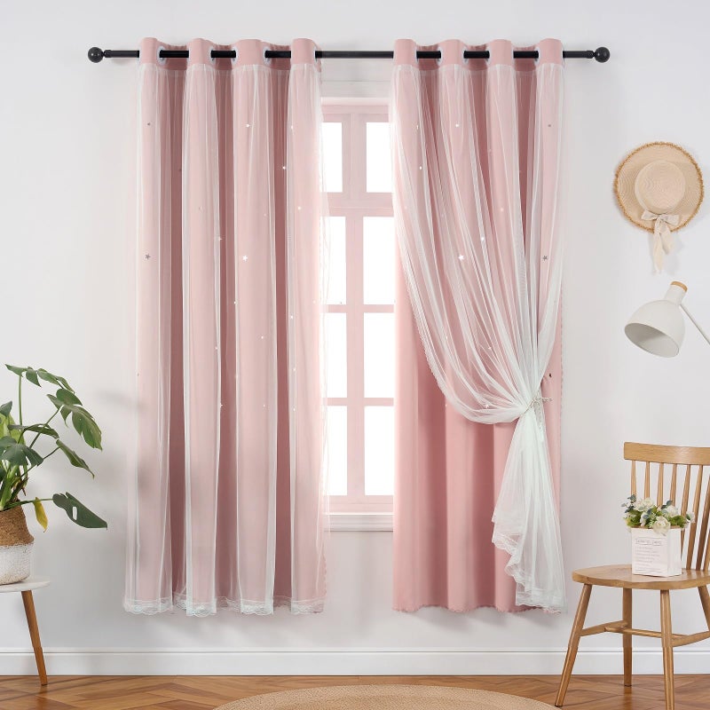 Ftinala Light Pink Curtains Blackout for Girls Bedroom - Aesthetic Star Cutout Double Layer with White Sheer Overlay, 63 Inch Length 1 Panel Cute Curtain Baby Nursery Toddler Room Decor Drapes - Image 1