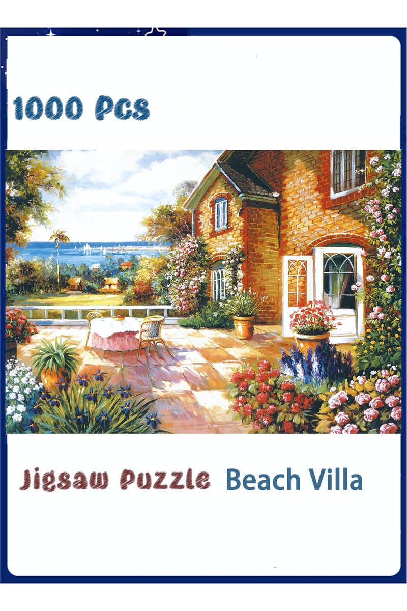 1000-Piece Jigsaw Puzzle, Beach Villa Scene Jigsaw Puzzle, DIY Toys for Creative Gift Home Decor, Challenging Mini Jigsaw Puzzle with Micro Pieces, Educational and Decompression Activity  for Adults & Teens - Image 1