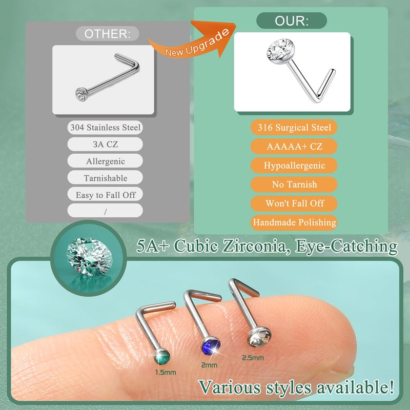 THUNARAZ 60-120pcs Stainless Steel Nose Studs Rings Piercing Pin Body Jewelry 20G-22G 1.5mm 2mm 2.5mm (J:60Pcs White CZ+60Pcs Colourful (1.5mm,2mm,2.5mm) 20G L Shaped) - Image 5
