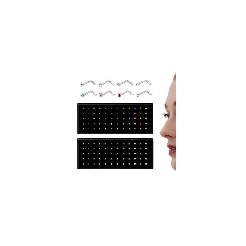 THUNARAZ 60-120pcs Stainless Steel Nose Studs Rings Piercing Pin Body Jewelry 20G-22G 1.5mm 2mm 2.5mm (J:60Pcs White CZ+60Pcs Colourful (1.5mm,2mm,2.5mm) 20G L Shaped) - Image 1