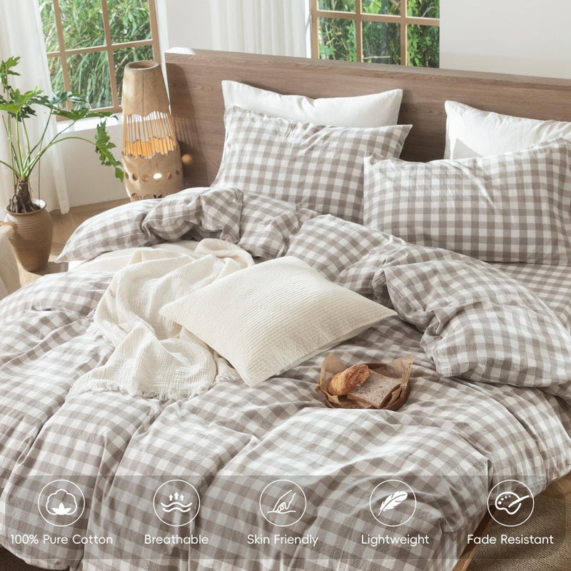 MooMee Gingham Duvet Cover Set 100% Washed Cotton Linen Like Textured Breathable Durable Soft Comfy Modern Checkered Design (Buffalo Plaid Tannish Linen Grey, Palatial King/Oversized King 120"x98") - Image 5