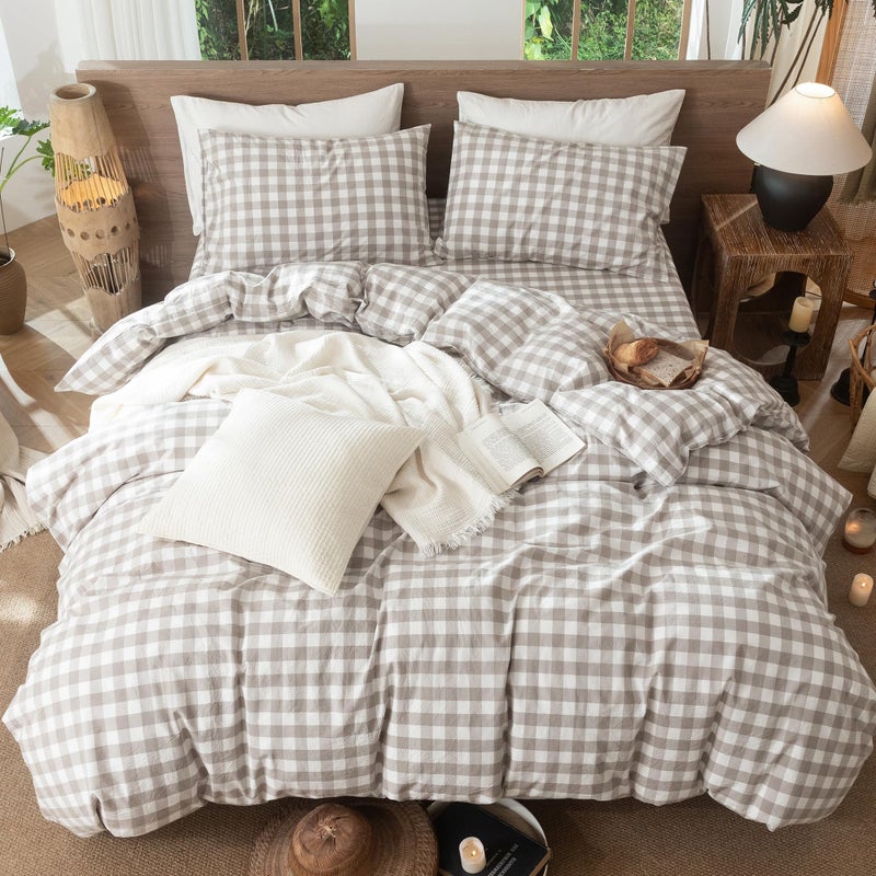 MooMee Gingham Duvet Cover Set 100% Washed Cotton Linen Like Textured Breathable Durable Soft Comfy Modern Checkered Design (Buffalo Plaid Tannish Linen Grey, Palatial King/Oversized King 120"x98") - Image 4