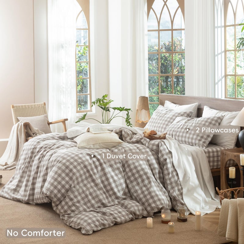 MooMee Gingham Duvet Cover Set 100% Washed Cotton Linen Like Textured Breathable Durable Soft Comfy Modern Checkered Design (Buffalo Plaid Tannish Linen Grey, Palatial King/Oversized King 120"x98") - Image 2