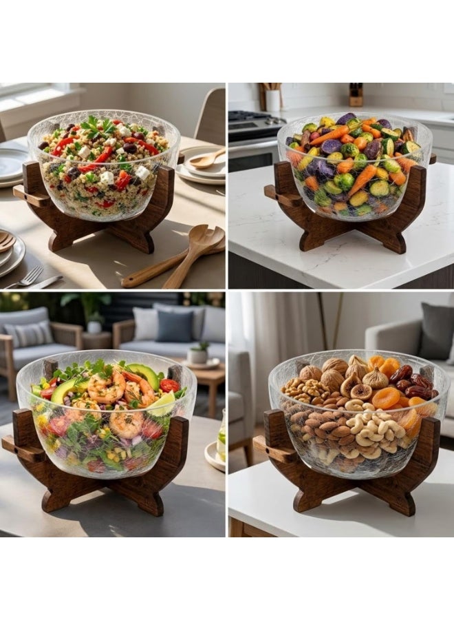 Crackle Glass Decorative Bowl with Wooden Stand, Clear and Brown - Image 4