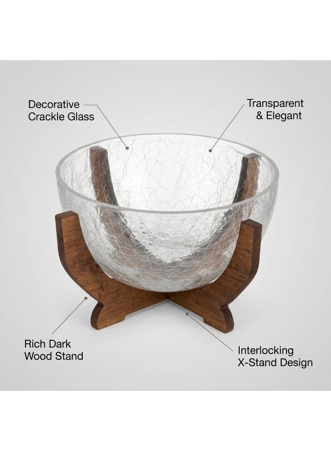 Crackle Glass Decorative Bowl with Wooden Stand, Clear and Brown - Image 5