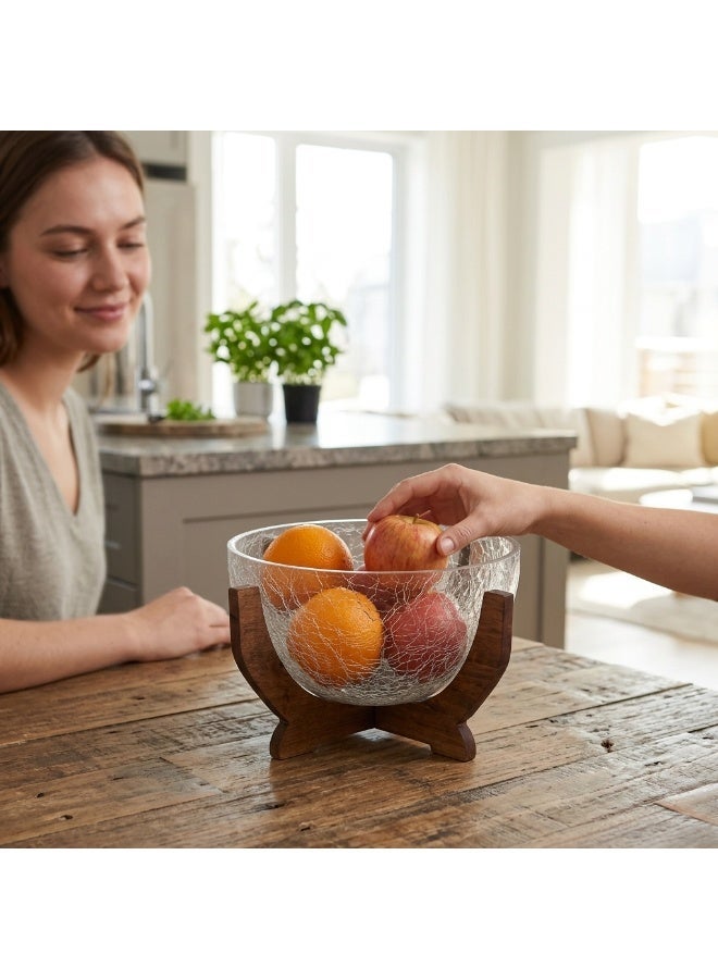 Crackle Glass Decorative Bowl with Wooden Stand, Clear and Brown - Image 2