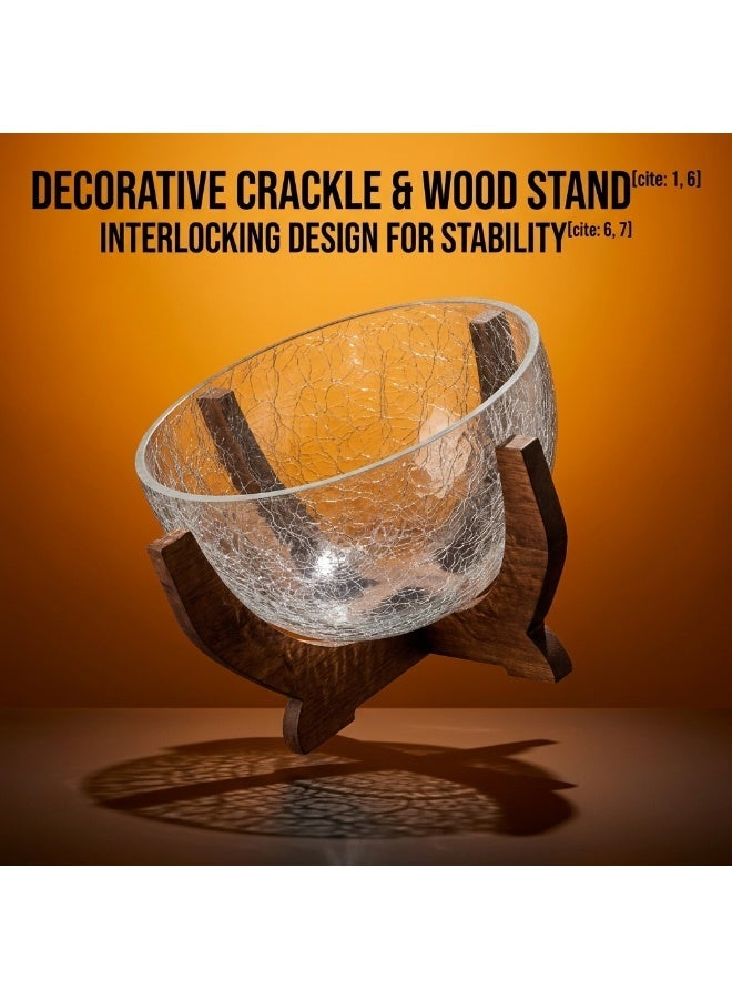 Crackle Glass Decorative Bowl with Wooden Stand, Clear and Brown - Image 3
