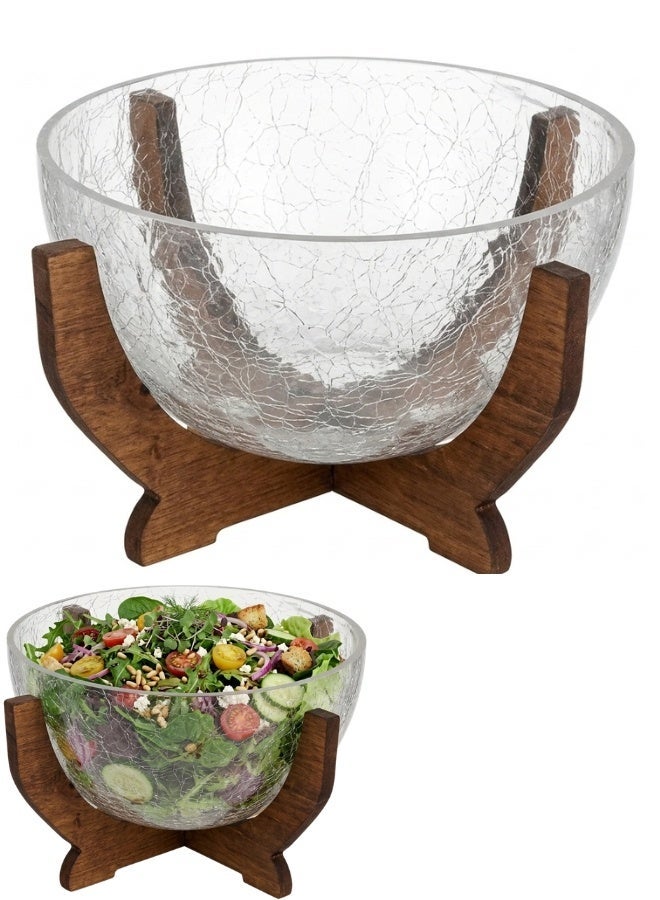Crackle Glass Decorative Bowl with Wooden Stand, Clear and Brown - Image 1