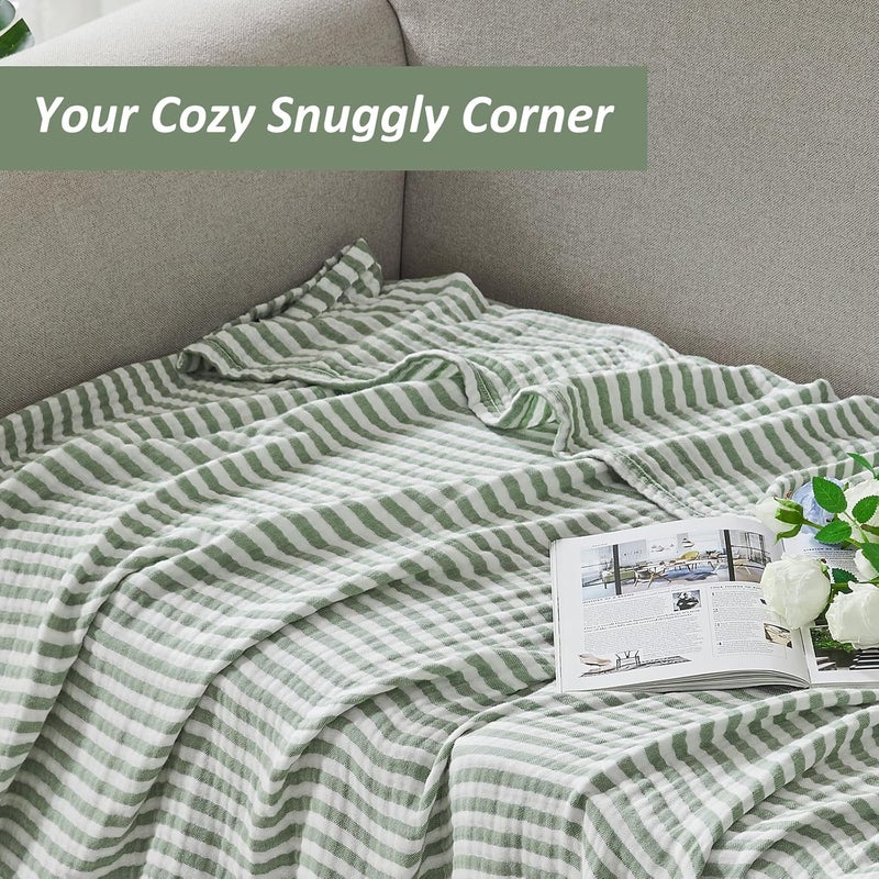 EMME Cotton Muslin King Blanket Bed Layering Bedspread Coverlet Breathable Gauze Soft Lightweight (Striped Sage Green, 108"x90") - Image 3
