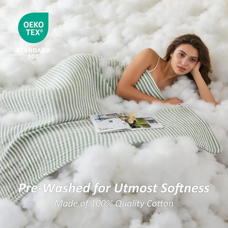 EMME Cotton Muslin King Blanket Bed Layering Bedspread Coverlet Breathable Gauze Soft Lightweight (Striped Sage Green, 108"x90") - Image 2