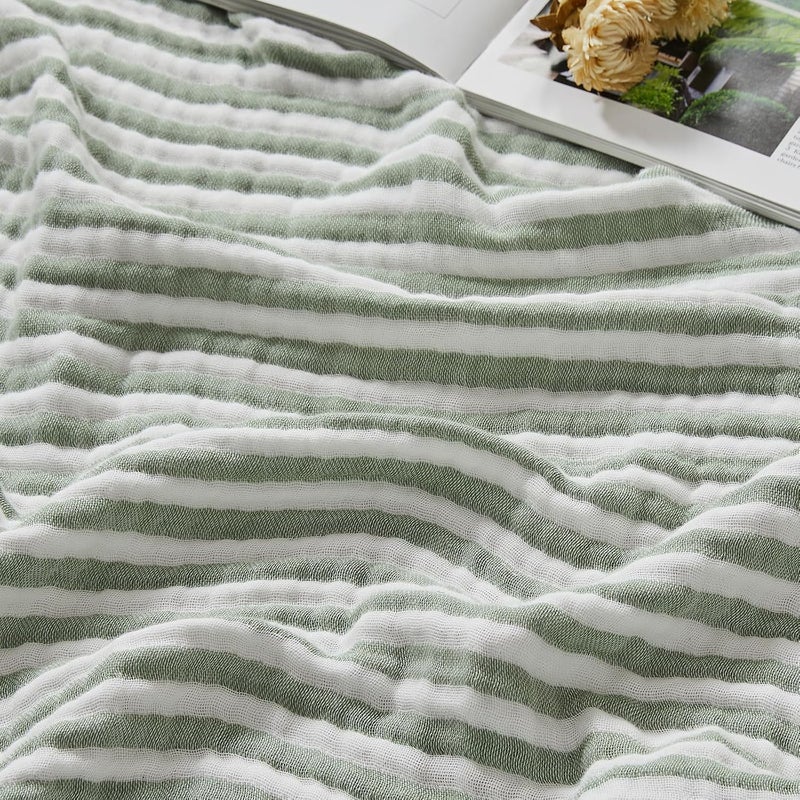 EMME Cotton Muslin King Blanket Bed Layering Bedspread Coverlet Breathable Gauze Soft Lightweight (Striped Sage Green, 108"x90") - Image 1
