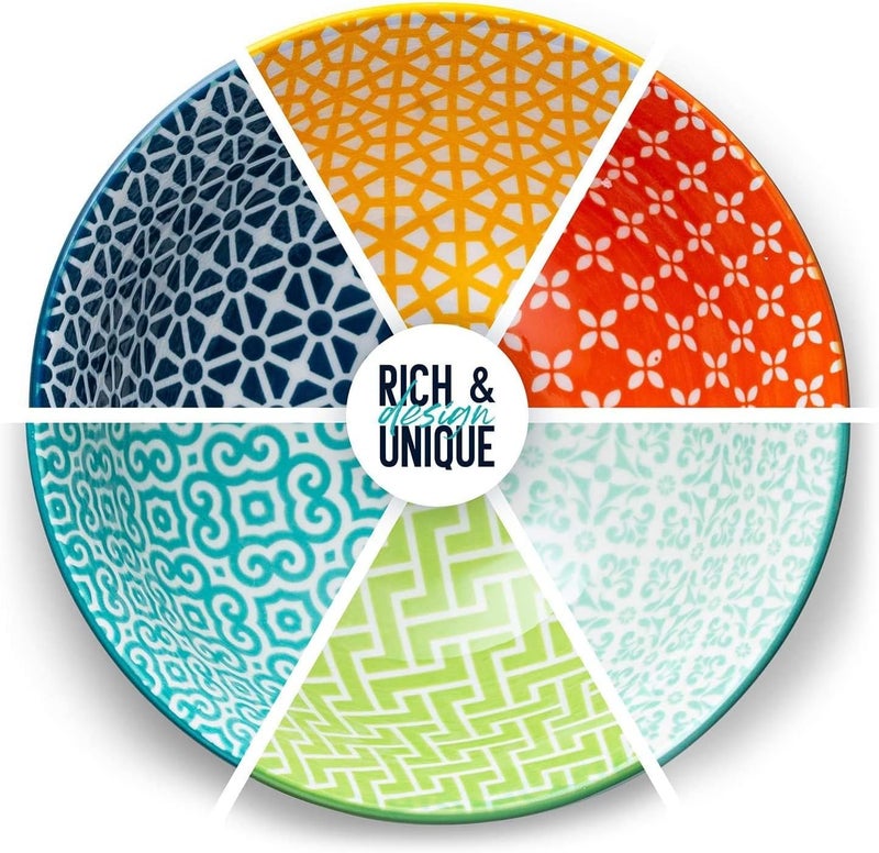 KooK Colorful Bowl Ceramic Porcelain Bowls for Cereal Fruit Vibrant Patterned Multi Color Designs Housewarming Gift and Kitchen Decor for Soup Salad Set of 6 18oz Colorful - Image 4