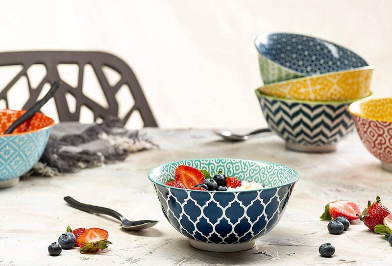 KooK Colorful Bowl Ceramic Porcelain Bowls for Cereal Fruit Vibrant Patterned Multi Color Designs Housewarming Gift and Kitchen Decor for Soup Salad Set of 6 18oz Colorful - Image 3