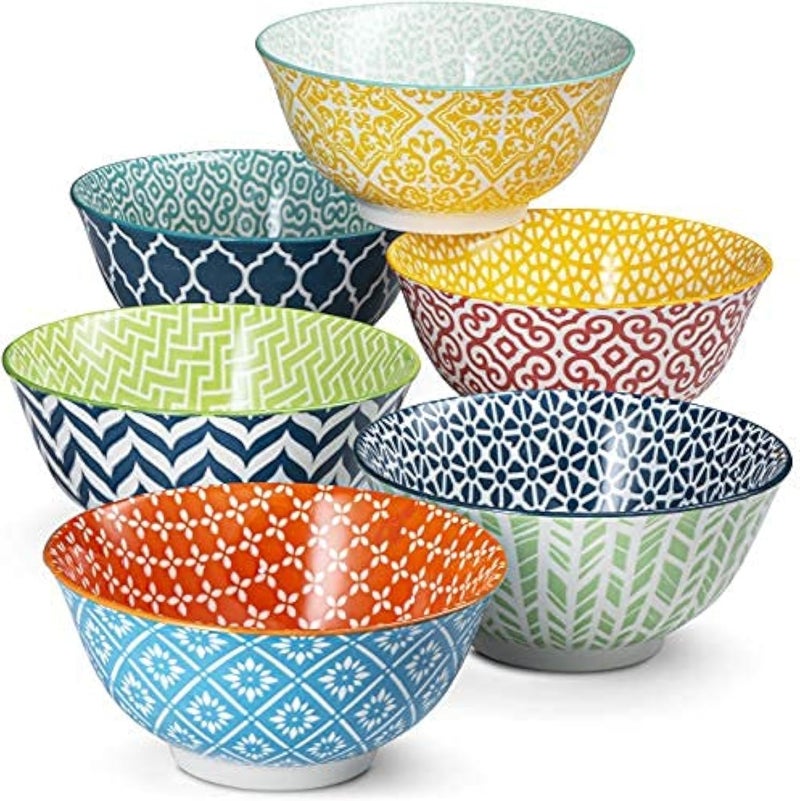 KooK Colorful Bowl Ceramic Porcelain Bowls for Cereal Fruit Vibrant Patterned Multi Color Designs Housewarming Gift and Kitchen Decor for Soup Salad Set of 6 18oz Colorful - Image 1