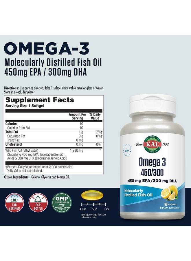 KAL 450/300 1280 Mg Omega 3, Lemon, 60 Count - Image 1