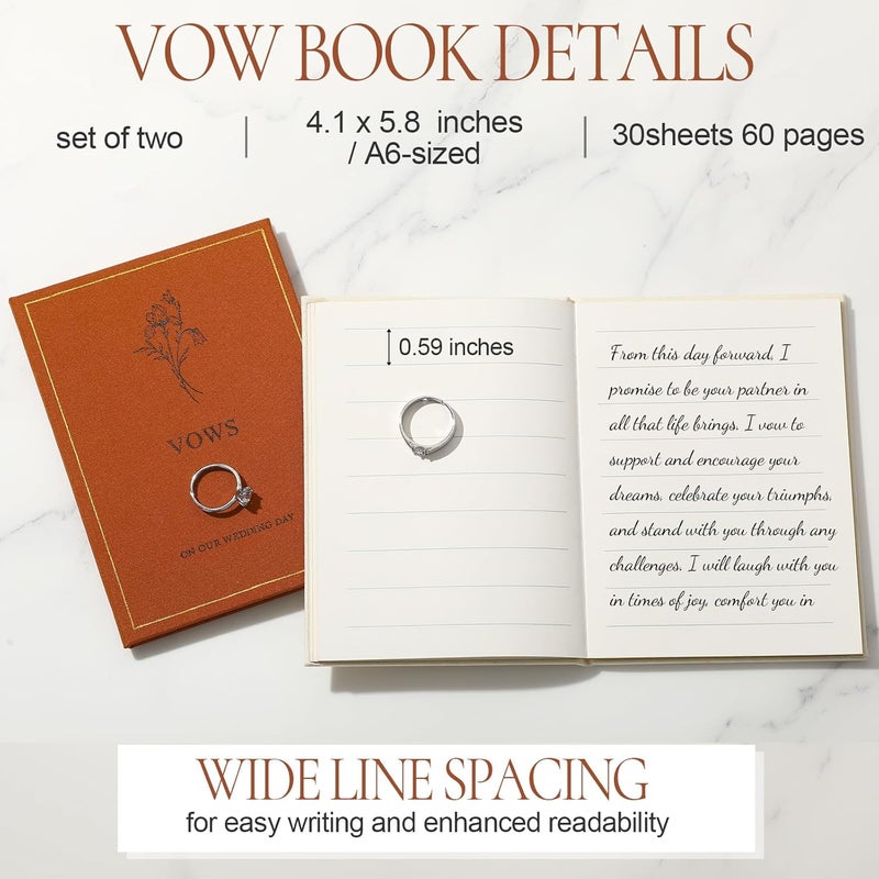 Engrowtic Set of 2 Wedding Vow Books His and Hers Vows on Our Wedding Day Notebooks with Gold Foil Fabric Cover 5.8"x 4.1" Bride and Groom Gift for Newly Engaged Couple, 60 Lined Pages (Brown, Beige) - Image 2
