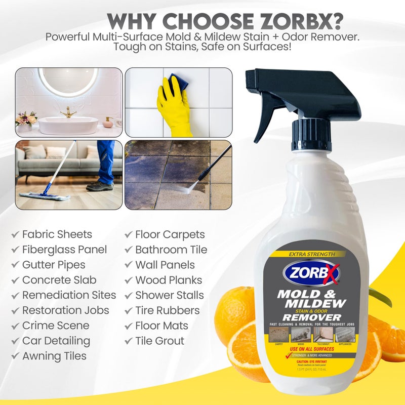 ZORBX Extra Strength Remover & Cleaner Spray 24 FL Oz â€“ Scrub Free Formula - Bleach Free Stain & Smell Eliminator for Shower, Bathroom, Ceiling, Carpet, Cars, Walls & Wood - Image 4