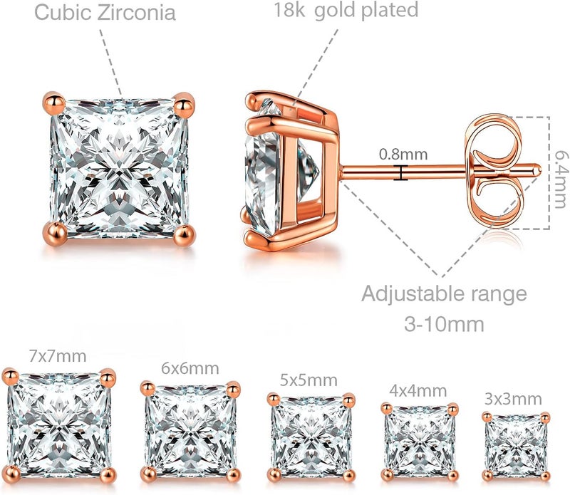MDFUN 5 Pairs Square Earrings Set for Women Hypoallergenic 18K White Gold/Yellow Gold/Rose Gold Plated Princess Cut Clear Cubic Zirconia Stud Earring 3-7MM Pack of 5 - Image 2