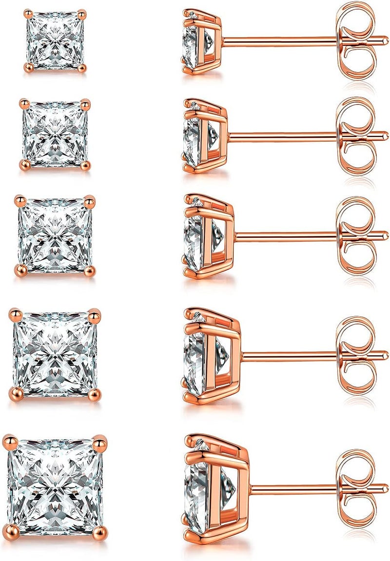 MDFUN 5 Pairs Square Earrings Set for Women Hypoallergenic 18K White Gold/Yellow Gold/Rose Gold Plated Princess Cut Clear Cubic Zirconia Stud Earring 3-7MM Pack of 5 - Image 1