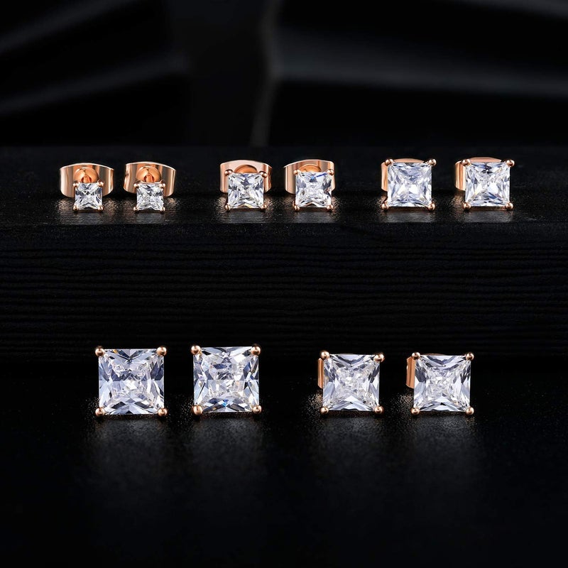 MDFUN 5 Pairs Square Earrings Set for Women Hypoallergenic 18K White Gold/Yellow Gold/Rose Gold Plated Princess Cut Clear Cubic Zirconia Stud Earring 3-7MM Pack of 5 - Image 4
