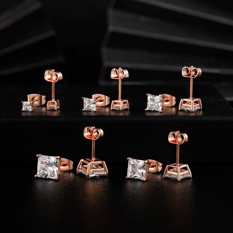 MDFUN 5 Pairs Square Earrings Set for Women Hypoallergenic 18K White Gold/Yellow Gold/Rose Gold Plated Princess Cut Clear Cubic Zirconia Stud Earring 3-7MM Pack of 5 - Image 3