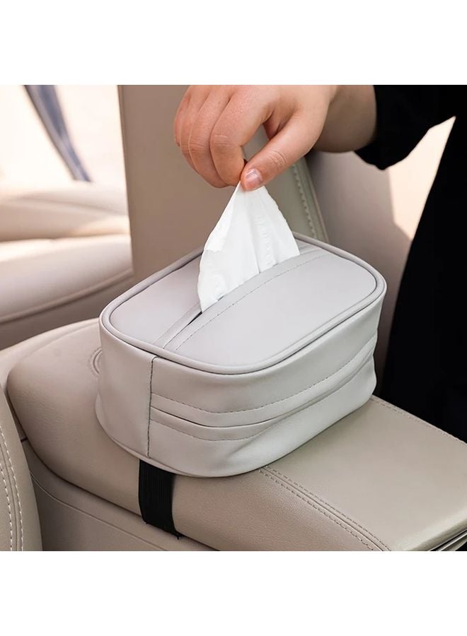 Beige Car Backseat PU Leather Tissue Holder Universal Seatback Hanging Paper Storage Organizer - Image 1