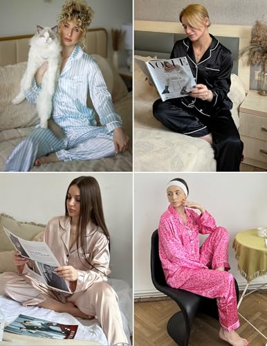 Ekouaer بيجامة حرير إيكواير للنساء مجموعة بيجامة ساتان بأزرار كلاسيكية بأكمام طويلة - Image 5