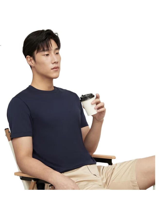 YOUNGOR Men'S T-Shirt Summer Young Men'S Business Casual Round Neck Short-Sleeve T-Shirt, Navy Blue, L - Image 3