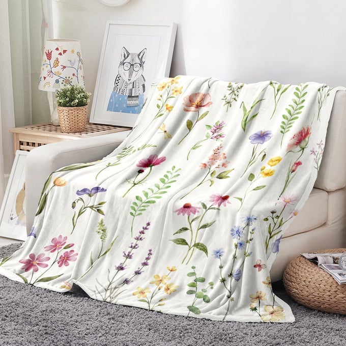WILDFLOWERS THROW BLANKET BOTANICAL FLORAL PRINTED BLANKET SUPER SOFT FLANNEL THROW BLANKET LIGHTWEIGHT FLUFFY PLUSH FUZZY BED BLANKET FOR BEDDING SOFA AND TRAVEL 60X80