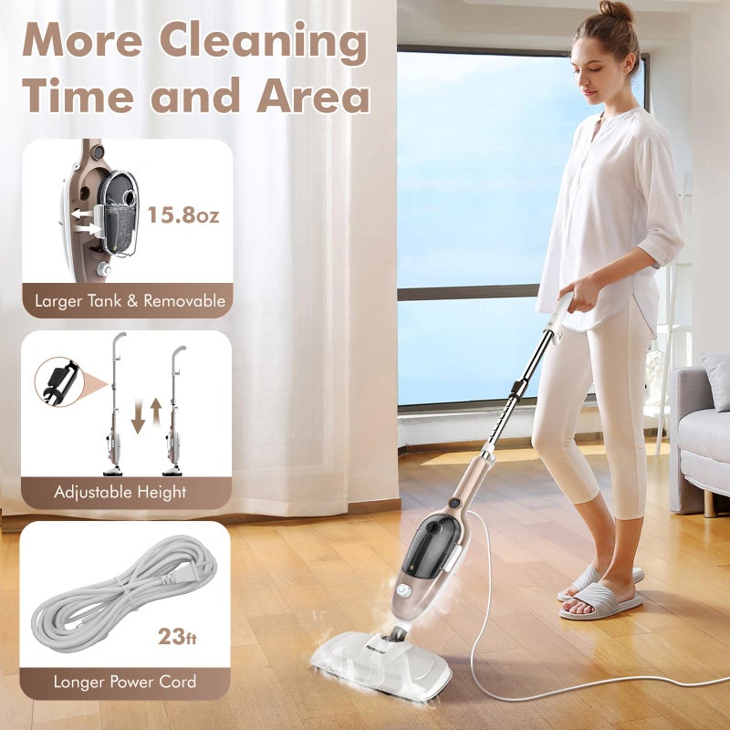 Mxnsewr Steam Mop - All-in-one Powerful Handheld Steam Cleaner Detachable Floor Steamer with 11 Accessories, MultiPurpose Steamer for Hardwood Floors, Clothes,Windows,Tiles,Carpet, Whole Home Use, Rose Gold - Image 3