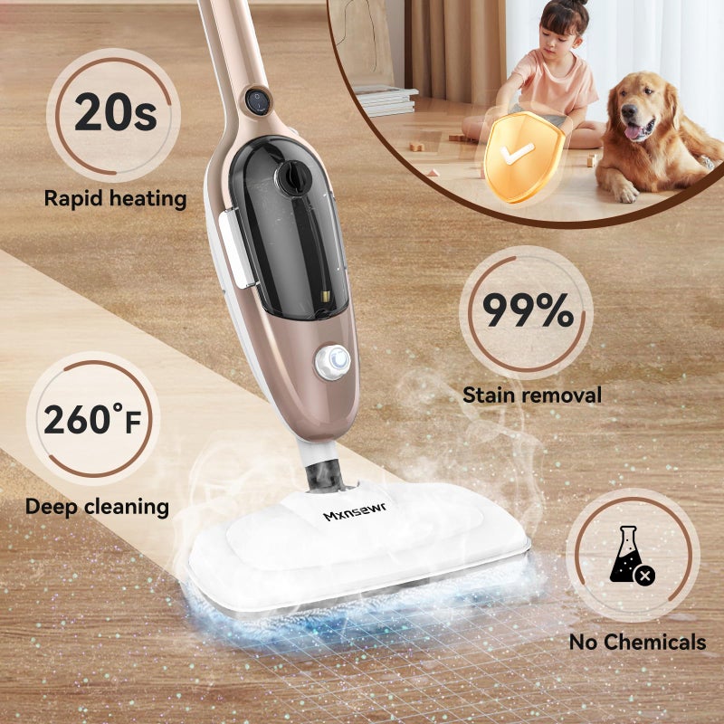 Mxnsewr Steam Mop - All-in-one Powerful Handheld Steam Cleaner Detachable Floor Steamer with 11 Accessories, MultiPurpose Steamer for Hardwood Floors, Clothes,Windows,Tiles,Carpet, Whole Home Use, Rose Gold - Image 4