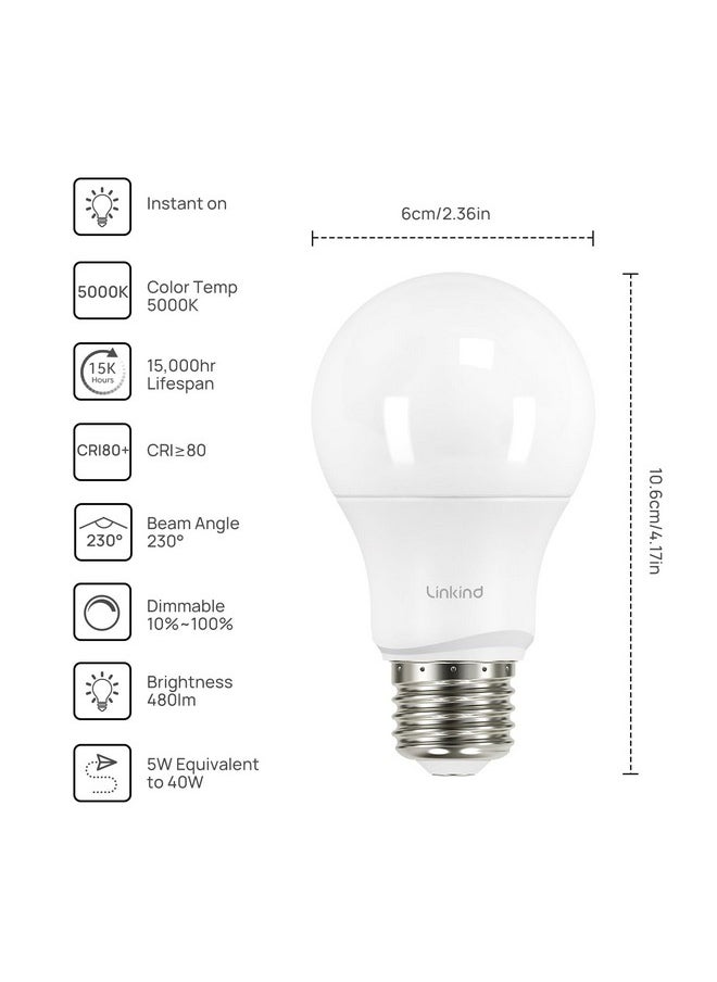 لينكايند لمبات إضاءة LED من لينكيند A19 قابلة للتعتيم، ما يعادل 40 واط، قاعدة E26، ضوء نهاري 5000 كلفن، 5 واط 480 لومن 120 فولت، معتمدة من UL ولجنة الاتصالات الفيدرالية (FCC)، مصابيح LED لغرفة النوم وغرفة المعيشة والمنزل والمكتب، عبوة من 6 قطع  - Image 1