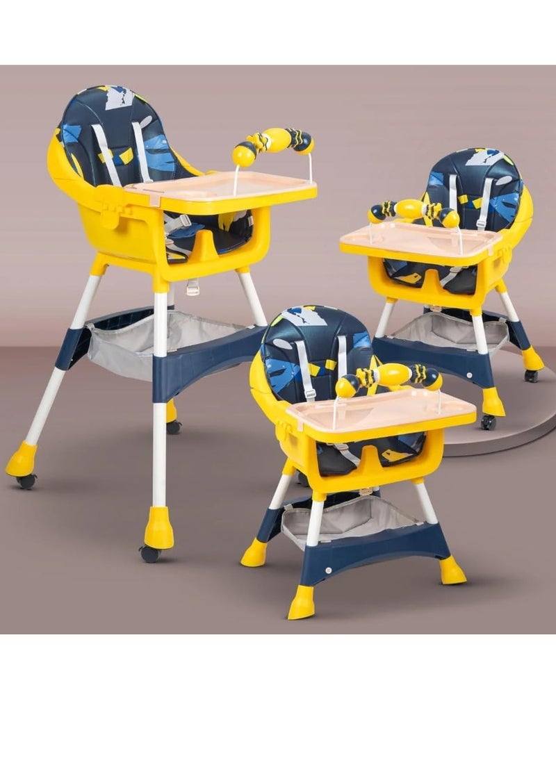 Toys-Egypt Convertible High Chair with Adjustable Height and Footrest, Booster Seat for Feeding with Tray, Wheels and Safety Belt for Toddlers (Navy/Yellow) Code (S360)  - Image 1
