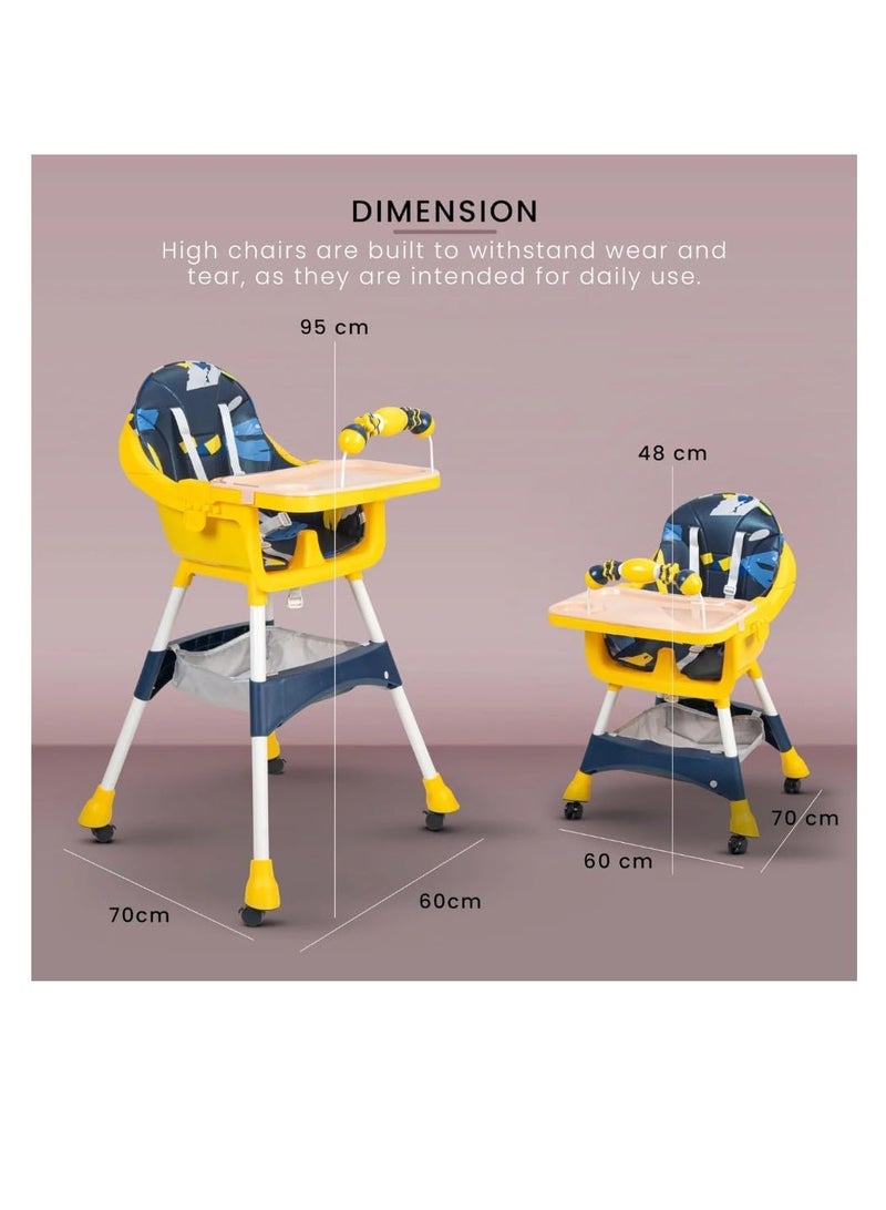 Toys-Egypt Convertible High Chair with Adjustable Height and Footrest, Booster Seat for Feeding with Tray, Wheels and Safety Belt for Toddlers (Navy/Yellow) Code (S360)  - Image 3