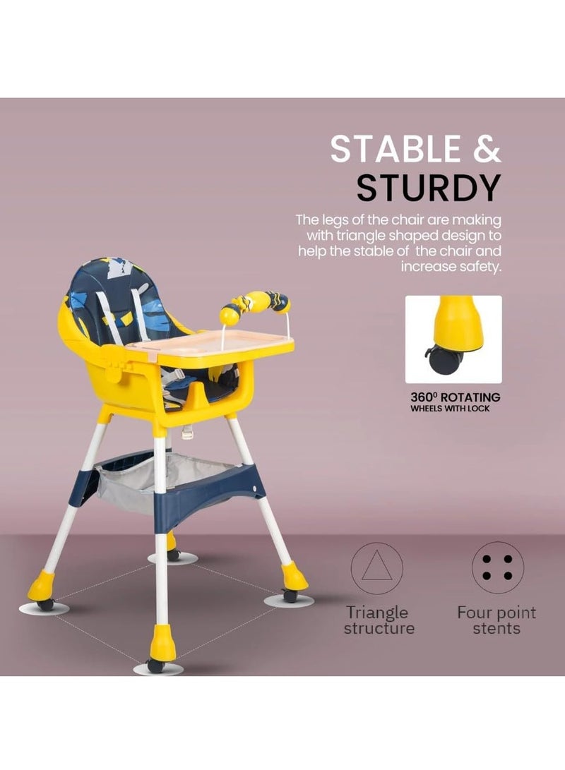 Toys-Egypt Convertible High Chair with Adjustable Height and Footrest, Booster Seat for Feeding with Tray, Wheels and Safety Belt for Toddlers (Navy/Yellow) Code (S360)  - Image 4