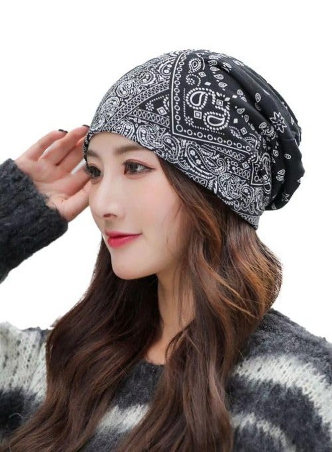 Future Tabs Baggy Paisley Printed Bandanna Cap for Men & Women - Black | Winter Cap with Fleece | Aesthetic Unisex Headband | Breathable & Comfortable | Chunky Beanie Chemo Caps - Image 4