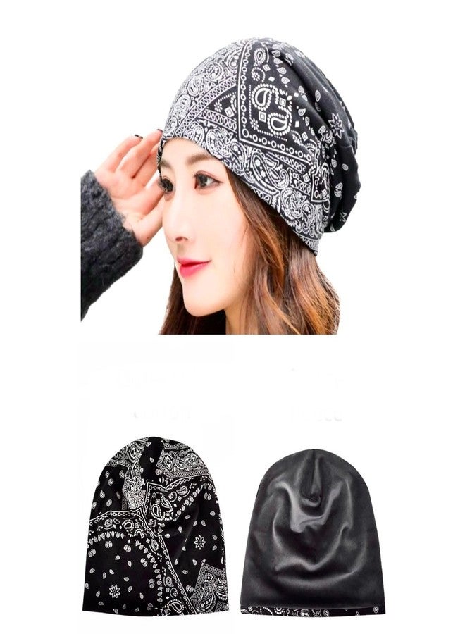 Future Tabs Baggy Paisley Printed Bandanna Cap for Men & Women - Black | Winter Cap with Fleece | Aesthetic Unisex Headband | Breathable & Comfortable | Chunky Beanie Chemo Caps - Image 2