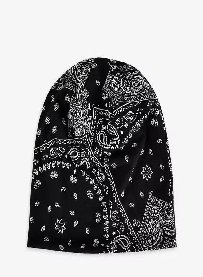 Future Tabs Baggy Paisley Printed Bandanna Cap for Men & Women - Black | Winter Cap with Fleece | Aesthetic Unisex Headband | Breathable & Comfortable | Chunky Beanie Chemo Caps - Image 5