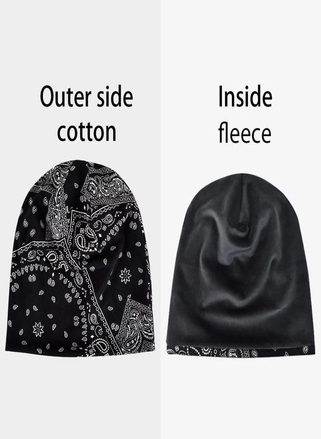 Future Tabs Baggy Paisley Printed Bandanna Cap for Men & Women - Black | Winter Cap with Fleece | Aesthetic Unisex Headband | Breathable & Comfortable | Chunky Beanie Chemo Caps - Image 3