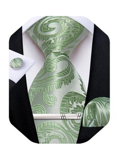 Silk Paisley Ties For Men Woven Necktie And Pocket Square Tie Clip Cufflinks Set Party Wedding Tie With Gift Box, Sage Green