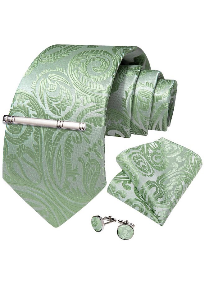 DiBanGu - Silk Paisley Ties For Men Woven Necktie And Pocket Square Tie Clip Cufflinks Set Party Wedding Tie With Gift Box, Sage Green - Image 1