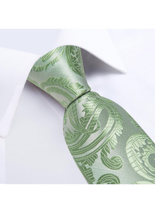 DiBanGu - Silk Paisley Ties For Men Woven Necktie And Pocket Square Tie Clip Cufflinks Set Party Wedding Tie With Gift Box, Sage Green - Image 1