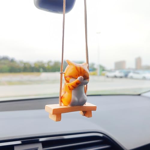 Motaney Swinging Cat Rear View Mirror Accessories, Cute Covering Face Cat Car Accessories for Women/Men, Car Hanging Ornament Interior Decoration - Image 2