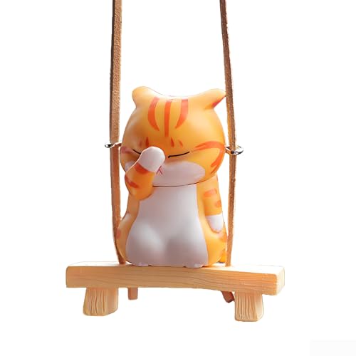 Motaney Swinging Cat Rear View Mirror Accessories, Cute Covering Face Cat Car Accessories for Women/Men, Car Hanging Ornament Interior Decoration - Image 1