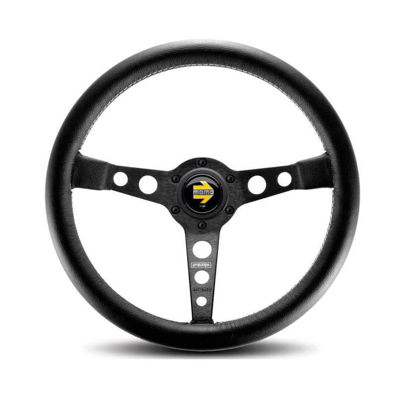 Prototipo 350mm Black Leather Steering Wheel Black Anodized Spokes White Stitching Classic Racing Style Comfortable Grip Vehicle Specific Fit 30x30 mm Rim Diameter