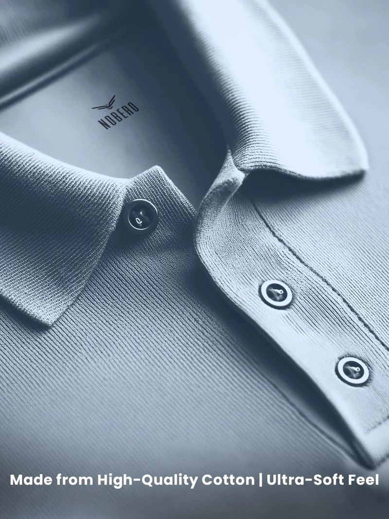 NOBERO Men's Light Blue Cotton Regular Fit Polo Shirt