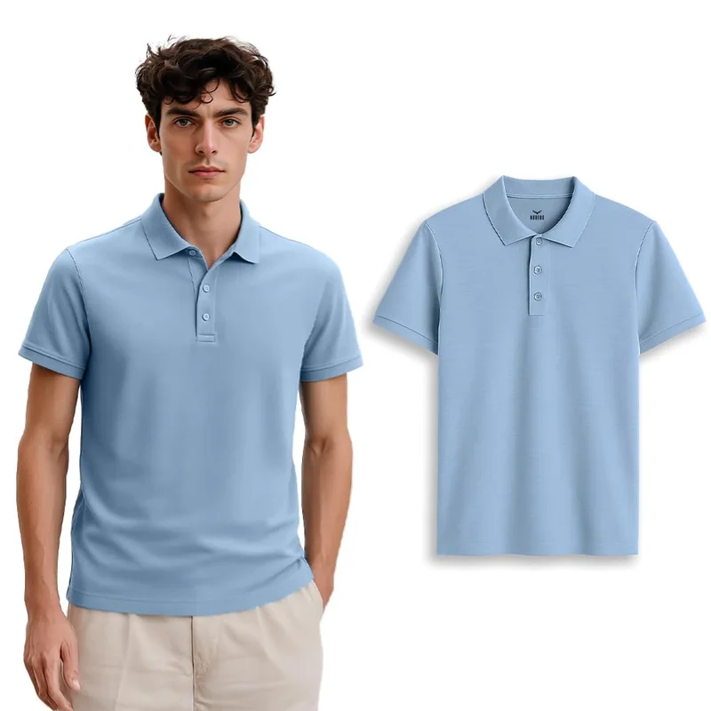 NOBERO Men's Light Blue Cotton Regular Fit Polo Shirt