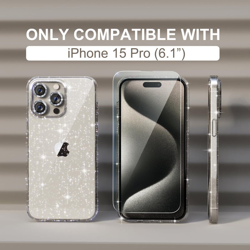 Choiche Compatible for iPhone 15 Pro Case Women Phone Case, Cute Bling Sparkly, Military Grade Drop Protection, 3 Diamond Camera Lens Covers, 2 Tempered Glass Protectors, 6.1 inch (Glitter Clear) - Image 2